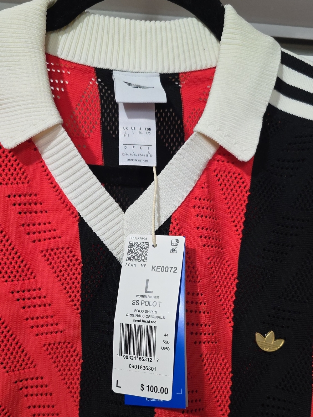 Adidas Originals Red & Black Striped Polo Shirt - Picture 2 of 3